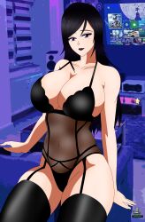 1girls akinama_family_(noir-black-shooter) babydoll big_breasts breasts dark_purple_hair gamer gamer_girl kaori_akinama_(noir-black-shooter) lingerie mole_under_eye noir-black-shooter oc original original_character purple_eyes