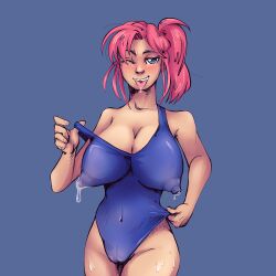 big_breasts drooling female_only lactation one-piece_swimsuit pink_hair swimsuit tobly tongue_out wink