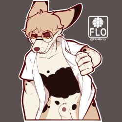 animal_genitalia animal_penis canid canine canine_genitalia canine_penis canis clothed clothing eyewear fennec flomarcy fox genitals glasses male mammal open_clothing open_shirt open_topwear penis pinup pose provocative sheath shirt solo sticker topwear