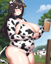 ai_generated alcohol beer big_breasts blush brown_eyes brown_hair chubby chubby_belly chubby_female cow cow_ears cow_girl cow_horns cow_print cow_print_topwear cow_tail farm fat fat_belly fat_female fat_woman long_hair original_character