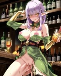 ai_generated alcohol alcohol_bottles alcoholic_drink bar breasts breasts_out drunk elf elf_ears elf_female elf_girl gold_eyes hand_on_head light_pink_hair original_character pussy_juice pussy_juice_drip