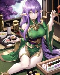 ai_generated elf elf_ears elf_female elf_girl female food geeen_tea gold_eyes original_character pointy_ears purple_hair sushi tea