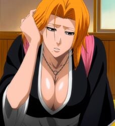 bleach blue_eyes breasts cleavage female female_only japanese_clothes kimono large_breasts long_hair matsumoto_rangiku mature_female necklace nude orange_hair presenting shonen_jump solo tite_kubo