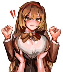 !! 1girls blush breast_grab breasts brown_eyes brown_hair groping hairband hands_up large_breasts library_of_ruina lobotomy_corporation malkuth_(lobotomy_corporation) morchkins project_moon