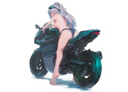 aek-999_(girls'_frontline) female long_hair looking_at_viewer looking_back motorcycle no_bra silver_hair