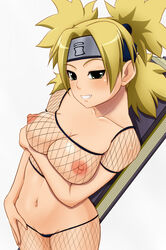 1girls @ma? blush breast_hold breasts cleavage clitoris_slip erect_nipples fan female female_only fishnets green_eyes headband human midriff naruto naughty_face navel nipples puffy_nipples pussy pussy_peek quad_tails simple_background smile solo standing sunagakure_symbol temari tomatto_(@ma!) uncensored weapon