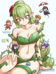 armor bare_shoulders bigger_female bikini breasts brown_hair cleavage dress dryad dryad_(terraria) fairy flower flower_in_hair giantess grass green_hair guide_(terraria) holding_object knight pants purple_eyes purple_hair shirt sleepyez slime tagme terraria thick_thighs umbrella vines wand weapon wide_hips wings