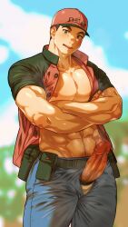 1boy bara bara_tits barazoku big_penis blush clothing courier_(pokemon) erection gay hard_on huge_cock male male_focus male_nipples male_only male_pubic_hair manly muscular_male nintendo nipples npc_trainer omedemidori penis pokemon pokemon_sv solo solo_male yaoi