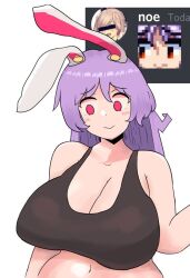 :> animal_ears belly black_tank_top blush breasts cleavage collarbone crop_top female imperishable_night large_breasts long_hair midriff navel notnoe_(dxcl) purple_hair rabbit_ears red_eyes reisen_udongein_inaba smile solo stomach tank_top touhou wide_hips