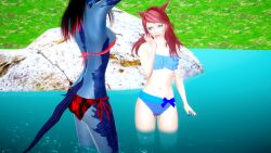 3d ahriva_feuerauge au_ra bikini black_hair black_scales blue_eyes blue_eyeshadow blue_nail_polish blue_nails dark-skinned_female dark_blue_body dark_skin final_fantasy final_fantasy_xiv gerümpelkatze group miqo'te multiple_females multiple_girls nails_painted riaykuras_playground scales sea self_upload xaela