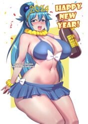 1girls 2024 alcohol aqua_(konosuba) blue_eyes blue_hair bokuman bottle breasts english_text female female_only kono_subarashii_sekai_ni_shukufuku_wo! large_breasts looking_at_viewer new_year skirt solo thick_thighs thighs wide_hips