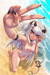 1girls beach black_nails breasts dinmoney female hand_sign indie_virtual_youtuber lucy_pyre nipples nude nude_female solo tagme tanline virtual_youtuber vtuber