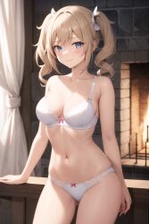 1girls 2:3 ai_generated barbara_(genshin_impact) blonde_hair blue_eyes bra embarrassed female female_only fireplace genshin_impact highres navel panties shy source_request stable_diffusion underwear_only white_bra white_panties