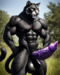 1boy ai_generated anthro felid feline feline_genitalia feline_humanoid feline_penis huge_balls huge_cock muscles muscular muscular_anthro sabertooth