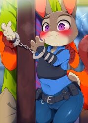 blush dagasi disney female furry furry_female judy_hopps police_uniform purple_eyes restrained zootopia