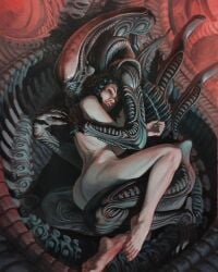 1girls 1other alien_(franchise) andrea_iula brown_hair completely_nude completely_nude_female curly_hair ellen_ripley hug male_xenomorph on_floor teratophilia xenomorph