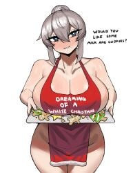 1girls apron apron_only blue_eyes breasts christmas commission donburikazoku female grey_hair hips huge_breasts light-skinned_female light_skin long_hair mature_female milf mrs._claus naked_apron thick_thighs thighs wide_hips
