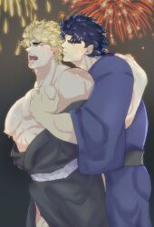 2boys ajgjmdpojhbgtmdg blonde_hair blue_eyes dio_brando erection_under_clothes gay jojo's_bizarre_adventure jonathan_joestar male male/male male_nipples male_only muscular_male nyakki phantom_blood step-incest yaoi