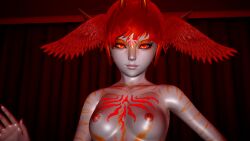 3d avian_humanoid bird_girl bird_humanoid breasts close-up close_up feathered_wings feathers female_only harpy harpy_girl naked naked_female no_clothes nude nude_female orange_eyes orange_eyes_female orange_eyeshadow orange_stripes red_hair riaykuras_playground self_upload solo stella_funkelauge striped striped_body stripes wings wings_on_head