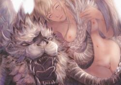 1boy absurdres blonde_hair blue_eyes breasts completely_nude dragon english_commentary fangs female final_fantasy final_fantasy_xiv gusty10rk highres horns hraesvelgr_(ff14) looking_at_viewer navel nipples nude open_mouth pussy ryne_waters sharp_teeth stomach teeth tongue uncensored white_fur wings