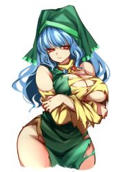 apron bare_shoulders blue_hair breast_hold breasts cleavage closed_mouth commentary cowboy_shot crossed_arms curvy dress female green_apron green_headwear groin haniyasushin_keiki head_scarf highres jewelry large_breasts light_frown long_hair magatama magatama_necklace necklace no_bra no_panties raptor7 red_eyes simple_background single_strap solo standing symbol-only_commentary torn_clothes torn_dress touhou white_background wide_hips yellow_dress