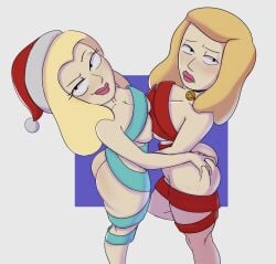 2023 2girls adult_swim beth_smith big_breasts blonde_hair christmas daughter diane_sanchez female_only gift_wrapped huge_breasts light-skinned_female light_skin long_hair looking_at_viewer milf mother mother_and_daughter multiple_girls rick_and_morty santa_hat solidus yuri