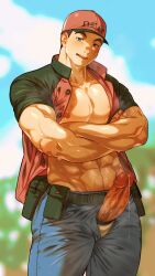 1boy bara bara_tits barazoku big_penis blush clothing courier_(pokemon) erection gay hard_on huge_cock male male_focus male_nipples male_only manly muscular_male nintendo nipples npc_trainer penis pokemon pokemon_sv precum precum_drip solo solo_male yaoi