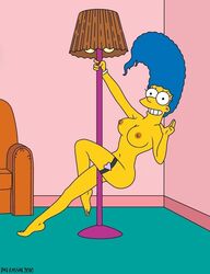 accurate_art_style blue_hair breasts color crossed_legs curly_hair eyes female female_only hair huge_eyes human indoors lamp long_hair marge_simpson matt_groening_(style) mouth nude open_eyes pat_kassab pole_dancing skin smile solo tagme the_simpsons toony yellow_skin