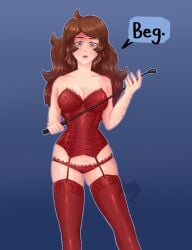 ada_mesmer bite_mark blue_eyes breasts brown_hair clothed corset dialogue digital_drawing_(artwork) digital_media_(artwork) dominant dominant_female domination female garter_belt identity_v idv lace lace-trimmed_panties large large_breasts lingerie lipstick ratshark red_lipstick riding_crop squished_breasts standing tear_streaks text thighhighs whip