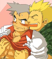 2boys abs blonde_hair blush clothes color gay grey_hair hair human lt_surge male male_only multiple_males pokemon pubic_hair samuel_oak surge_(pokemon) yaoi