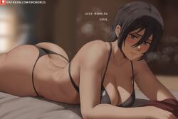 asian ass attack_on_titan bed bedroom black_hair blurred_background blush_lines blushing_at_viewer breasts busty_female cleavage dialogue female_focus light-skinned_female light_skin looking_at_viewer lying_on_bed lying_on_stomach mikasa_ackerman oroborusart savagexthicc scarf shingeki_no_kyojin short_hair steam underwear