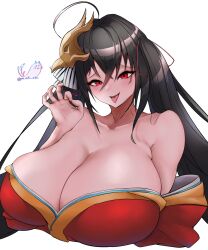 absurdres ahoge artist_name azur_lane bare_shoulders bird_mask black_hair bow breasts cleavage collarbone crossed_bangs female hair_ribbon highres huge_breasts japanese_clothes kimono long_hair looking_at_viewer mask mask_on_head naughty_face off_shoulder pon_niki_ode red_eyes red_kimono ribbon signature smile solo striped striped_bow taihou_(azur_lane) tongue tongue_out twintails very_long_hair