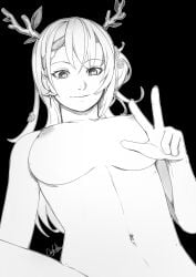 1girls 2023 anowlette areolae artist_name artist_signature big_breasts black_and_white breasts ceres_fauna female female_only hololive hololive_english hololive_english_-council- hololive_english_-promise- monochrome navel nipples solo tagme upper_body virtual_youtuber vtuber