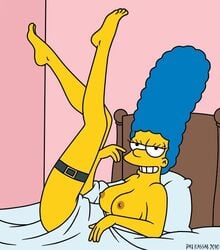 accurate_art_style bed breasts color female female_only human indoors legs_up marge_simpson nipples pat_kassab side_view solo tagme the_simpsons