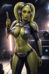 2d ai_generated armor big_breasts green_eyes green_skin hera_syndulla league69 staff star_wars twi'lek