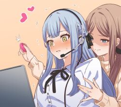 2girls bang_dream! bang_dream!_it's_mygo!!!!! blue_eyes blue_hair blush braid brown_hair clothed couple headphones heart long_hair marriage_ring married married_couple multiple_girls nagasaki_soyo remote_control_vibrator ribbon ring sex_toy stimulation sweatdrop tears togawa_sakiko tremble_spikes trembling upper_body vibrator vibrator_remote yellow_eyes yghm yuri