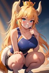 1girls ai_generated blonde_hair blue_eyes blush bowsette breasts cute_expression exercise_clothing female hand_on_clothing hand_on_leg happy horns looking_at_viewer mario_(series) new_super_mario_bros._u_deluxe nipples_visible_through_clothing shoes smile squatting super_crown tail towel