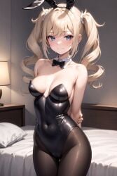 1girls 2:3 ai_generated barbara_(genshin_impact) black_leotard blonde_hair blue_eyes bunny_ears bunnysuit cameltoe cleavage detached_collar embarrassed female female_only genshin_impact lamp leotard navel_outline pantyhose pillow playboy_bunny pussy shy solo source_request stable_diffusion standing strapless_leotard