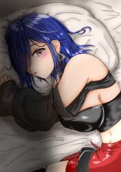 2021 an_otonashi bed bedroom bedroom_eyes crop_top digital_media_(artwork) ear_piercing earrings emoechi_pro fully_clothed latex light-skinned_female light_skin looking_at_viewer on_bed piercing purple_hair red_eyes sasa03_chicken sideboob skirt virtual_youtuber vtuber