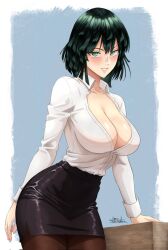 1girls adult adult_female artist_name artist_signature big_breasts black_hair blush bob_cut breast_focus breasts busty cleavage female female_only fubuki_(one-punch_man) fully_clothed green_eyes green_hair jedbanner leggings looking_at_viewer miniskirt office_lady one-punch_man pantyhose partially_unbuttoned pencil_skirt seductive_smile short_hair skirt solo solo_female solo_focus superheroine