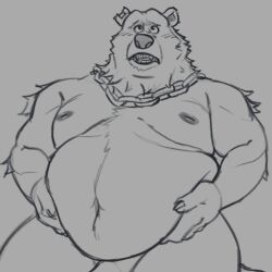 2024 anthro baby_bear bear belly big_belly daichi_akimichi dreamworks genitals humanoid_hands male male_only mammal monochrome moobs navel nipples nude overweight overweight_male penis puss_in_boots_(dreamworks) puss_in_boots_(film) puss_in_boots_the_last_wish shrek_(series) simple_background solo