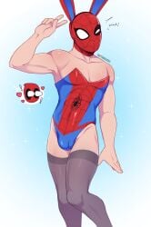 2boys bulge bunny_ears bunnysuit costume crossdressing deadpool gay male_only manly_crossdresser marvel mask masked masked_male peter_parker spider-man spider-man_(series) stockings superhero tagme wade_wilson wetwasabi wink winking winking_at_partner winking_at_viewer yaoi