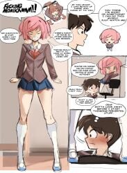 1boy 2girls doki_doki_literature_club english_text female human male mc_(doki_doki_literature_club!) monika_(doki_doki_literature_club) multiple_girls natsuki_(doki_doki_literature_club) pink_eyes pink_hair rakeemspoon school_uniform schoolboy schoolgirl text