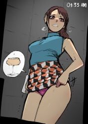 1girls biku breasts brown_hair clothes clothes_lift desperation handbag have_to_pee lifted_by_self lifting_own_clothes need_to_pee original original_character panties pink_panties skirt skirt_lift solo solo_female solo_focus turtle underwear white_bag