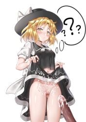 ? ?? ??? absurdres ailu_elf ass_visible_through_thighs bangs black_headwear black_vest blush bow breasts closed_mouth clothes_lift collared_vest commentary_request cowboy_shot cum cum_on_body cum_on_clothes cum_on_penis fedora hat hat_bow highres legs lifted_by_self midriff navel no_panties penis pink_bow puffy_short_sleeves puffy_sleeves pussy ribbon shirt short_sleeves simple_background skirt skirt_lift small_breasts smile stomach thought_bubble touhou touhou_(pc-98) uncensored vest white_background white_ribbon white_shirt yellow_eyes yuki_(touhou)