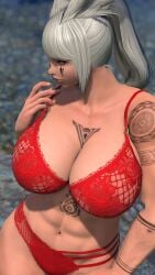 3d abs angrysuccubus_(artist) blonde_hair bra breasts bunny bunny_ears cleavage eyelashes final_fantasy final_fantasy_xiv fit_female freckles glowing_eyes gpose(ffxiv) lace orange_eyes original_character pierced_nipples red_bra self_upload solo tattoo tattoo_on_breast viera voluptuous