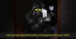 3d anthro arm_behind_head attic big_belly big_breasts black_fur camera camera_view detailed_background furry large_breasts large_nipples mirror mirror_selfie moon moonlight nonalterna phone pregnant pregnant_female roblox self_upload selfie snapchat solo_female squatting text wagging_tail yellow_eyes yellow_text