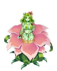 absurdres alraune alraune_(monster_girl_encyclopedia) breasts cleavage collarbone colored_skin commentary female flower flower_on_head full_body green_hair green_skin hair_intakes hair_over_breasts highres large_breasts leaf long_hair looking_at_viewer monster_girl monster_girl_encyclopedia navel nude plant plant_girl pointy_ears purple_eyes smile sogegin solo thigh_gap transparent_background vines