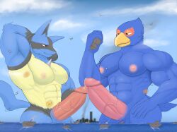 abs absurd_res aircraft airplane anthro armpit_showing avian beak big_penis blue_body bodily_fluids canid canine city destruction duo erection falco_lombardi frottage generation_4_pokemon genital_fluids genitals helicopter hi_res humanoid_genitalia humanoid_penis jet led_owo lucario macro male mammal muscular muscular_anthro muscular_male nintendo nipples non-mammal_nipples pecs penis pokemon pokemon_(species) precum sea sex ship spines star_fox tail vehicle vein veiny_penis water watercraft