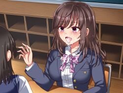 2girls :d after_fellatio after_oral after_rape chair classroom cum cum_in_mouth cum_on_clothes cum_on_face desk female hechima_koubou multiple_girls restrained school school_uniform schoolgirl sitting sitting_at_desk sitting_on_chair time_stop